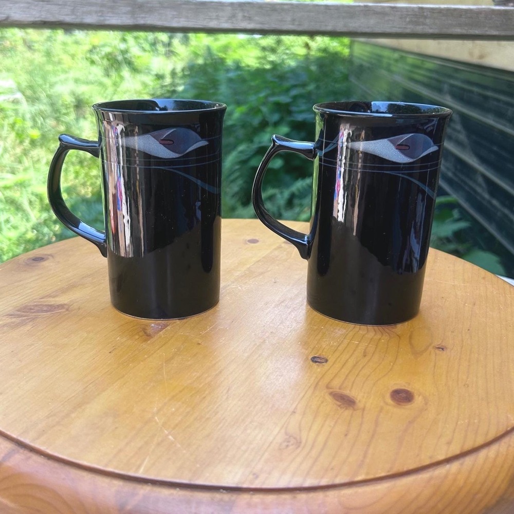 Vintage Opus Black Mugs Set of 2 Calla Lily Floral Japan Galleria Mikasa